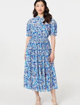 Women's Leaf Print 1/2 Sleeve Midi Shirt Dress in Blue Size: 12 - Blue - Size: 12 - Izabel London - FashionsVida