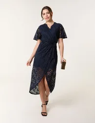 Lace Wrap Over Midi Dress - 16 / NAVY - female