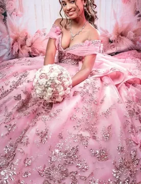 Shiny Pink Off Shoulder Quinceanera Dress Tull crystal glitter applique 3D flower layering vestidos de 15 Quinceanera Customized - Aliexpress - FashionsVida
