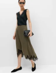 Lace Hem Midi Asymmetric Skirt Olive female
