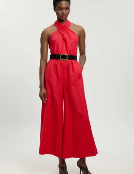 Womens Petite Viscose Linen Belted Halterneck Woven Jumpsuit - Red - Size 8 Uk - Karen millen - FashionsVida