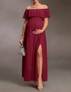 Elegante vestido de maternidad de gasa con hombros descubiertos, mangas con volantes, abertura lateral y corte en A XL - Shein - FashionsVida