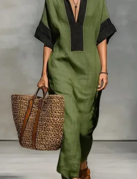 Vestido corto de manga corta con cuello militar de color verde militar, elegante y cómodo, estilo bohemio para exteriores, vacaciones, casual, playa - Shein - FashionsVida