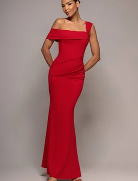 Women's Off The Shoulder Pleated Waist Maxi Dress in Red Size: 12 - Red - Size: 12 - Goddiva - FashionsVida
