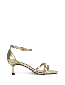 Women's 'Lea' Strappy Mid Kitten Heel Sandals With Square Toe in Metallic Gold Size: 8 - Metallic Gold - Size: 8 - XY London - FashionsVida