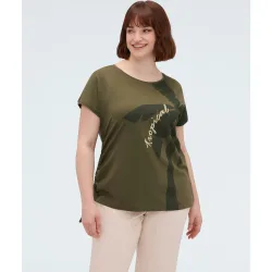 Camiseta de mujer de jersey con estampado y bordado inscripción en el frente y estampado tropical