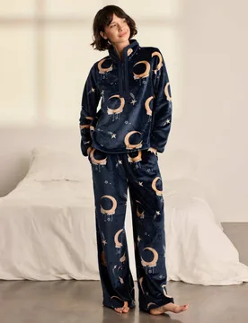 Fleece Bunny On Moon Print Lounge Set Navy female - Chelsea Peers - FashionsVida
