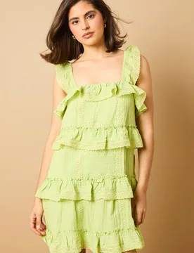 Women's Broderie Tiered Detail Strappy Mini Dress in Sage Size: 10 - Sage - Size: 10 - OASIS - FashionsVida