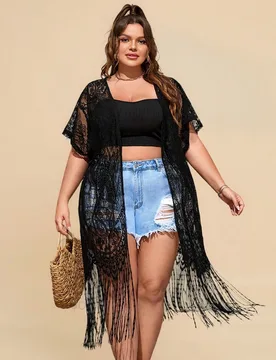 Kimono de encaje con mangas tipo dolman y flecos, sin camiseta interior, talla grande, para verano 4XL - Shein - FashionsVida