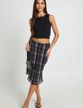 Womens Chiffon Check Midi Skirt - Black - Size 16 Uk - Boohoo - FashionsVida