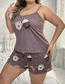 Conjunto De Pijama Para Mujeres De Talla Grande Con Diseño De Camiseta De Tirantes Y Pantalones Cortos Con Estampado De Vasos De 3XL - Shein - FashionsVida