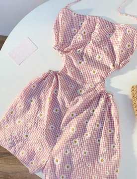 Mono casual de verano de mujer con espalda abierta, estampado de cuadros y margaritas L - Shein - FashionsVida