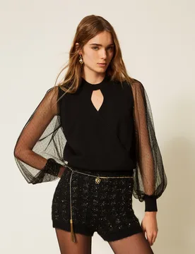 Pull avec manches en tulle plumetis - TWINSET - FashionsVida