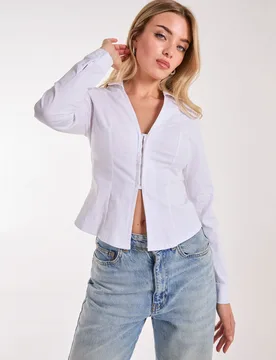 Womens Long Sleeve Hook And Eye Shirt - White - Size Medium - Pink Vanilla - FashionsVida