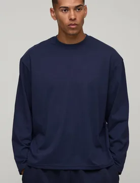 Mens Essential Oversized Long Sleeve T-Shirt - Navy Cotton - Size X-Small - boohooMAN - FashionsVida
