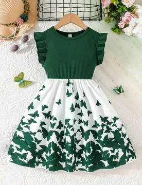 Vestido casual de verano para niñas preadolescentes con estampado floral elegante y parches, de manga corta 9Y - Shein - FashionsVida