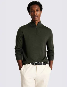 Merino Wool Rich Funnel Neck Zip Jumper Khaki male - MOSS - FashionsVida
