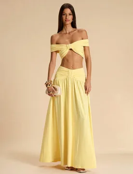 Conjunto de 2 piezas de top envolvente de punto amarillo y falda con bajo de cola de sirena de cintura media-baja, conjunto elegante amarillo de 2 pie - Shein - FashionsVida