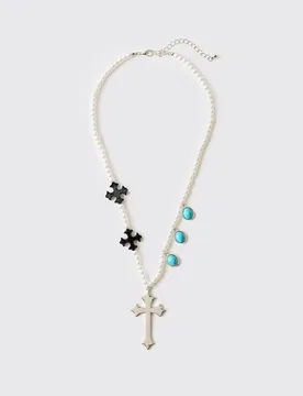 Herren Edelstein und Kreuz Kunstperlen-Halskette Pearl - boohooMAN - FashionsVida
