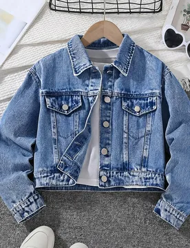 Chaqueta vaquera estilo casual tom boy Y2K para niñas preadolescentes, primavera/otoño/invierno, vaquero azul claro con adornos de perlas, corte aju - Shein - FashionsVida