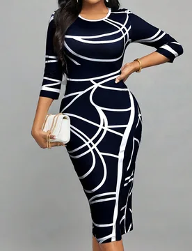 Vestido elegante y ajustado para oficina y uso diario con cuello redondo, mangas 3/4 y dobladillo con abertura alta, con estampado de líneas para muj - Shein - FashionsVida