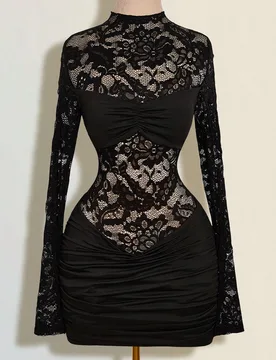 Vestido mini de manga larga con cuello alto transparente y parches de encaje de unicolor para mujer M - Shein - FashionsVida