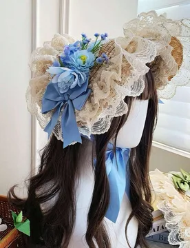 Sombrero de paja plano con lazo de encaje floral multicolor estilo Lolita pastoral, accesorio para el cabello Lolita, estilo Mori para primavera, vera - Shein - FashionsVida