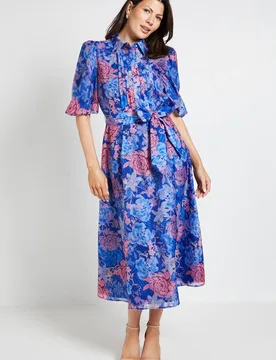 Women's Floral Organza Pintuck Midi Shirt Dress in Blue Size: 14 - Blue - Size: 14 - Wallis - FashionsVida
