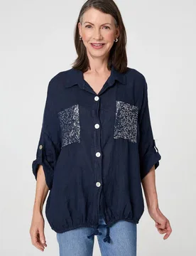 Women's Sequin Detail 3/4 Turn-Up Sleeve Shirt in Blue Size: 8 - Blue - Size: 8 - Izabel London - FashionsVida