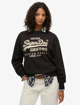 Superdry Damen Baumwolle Logo Druck Verziertes Vintage Sweatshirt, Schwarz & Beige - Größe: 40 - 74.99 - FashionsVida