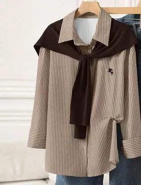 Camisa de manga larga regular de 2 en 1 de unicolor con bordado de caballo, estilo universitario casual de vuelta al colegio, a rayas y patchwork de o - Shein - FashionsVida