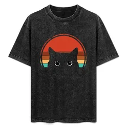 Black Cat Peeking Sunset Vintage T-Shirt Lightweight Basic Short Sleeve Shirt