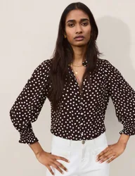 Crepe Polka Dot Collared Puff Sleeve Blouse Brown Mix female