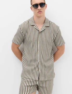 Cotton Blend Textured Striped Short Sleeve Shirt Ecru Mix male - M&S - FashionsVida