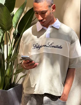 Mens Oversized Boxy Colour Block Rugby Polo - Beige Cotton - Size Medium - boohooMAN - FashionsVida