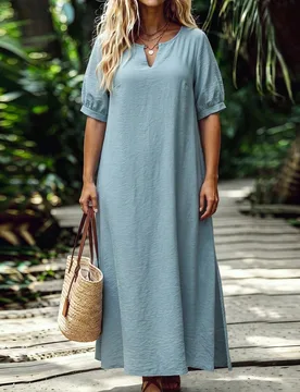 Vestido holgado de talla grande azul claro con cuello en V y mangas abullonadas para vacaciones en la playa 4XL - Shein - FashionsVida
