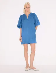 Pure Linen Puff Sleeve Mini Shift Dress Blue female