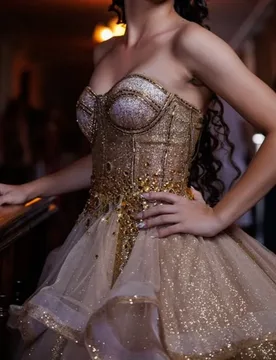 Champagne Gold Quinceanera Dress off-shoulder Tull layering crystal decal Long tail vestidos de 15 Quinceanera ﻿Customize - Aliexpress - FashionsVida