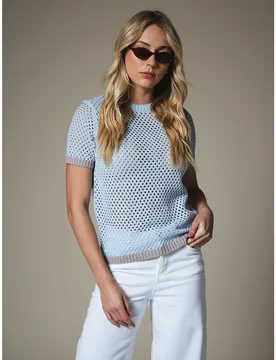 Top de punto abierto con malla, cuello redondo, manga corta y ribete acanalado en contraste, suéter casual tipo pullover para primavera y verano M - Shein - FashionsVida