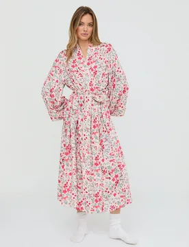 Corina Kimono Style Jasmine Print Robe In Cream - S - Lily and Lionel London Limited - FashionsVida