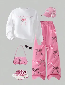 Conjunto de 2 piezas para niñas de 8 a 12 años, con sudadera blanca de cuello redondo con estampado de letra rosa y lazo, combinada con pantalones r - Shein - FashionsVida