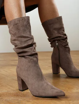 Women's Lilyana Ruched Heeled Calf Boot in Taupe Size: 5 - Taupe - Size: 5 - Where's That From - FashionsVida