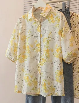 Blusa de mujer con estilo francés, con estampado floral amarillo, con cuello, manga 3/4, adecuada para el trabajo o las vacaciones, parte superior ar - Shein - FashionsVida