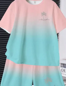 Conjunto informal y cómodo de camiseta de manga corta y pantalones cortos con cuello redondo para niño preadolescente, con estampado clásico degrad - Shein - FashionsVida