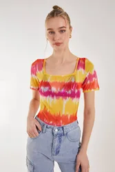 Women's Tie Dye Mesh Square Neck Bodysuit Size: 10 - Multicolor - Size: 10