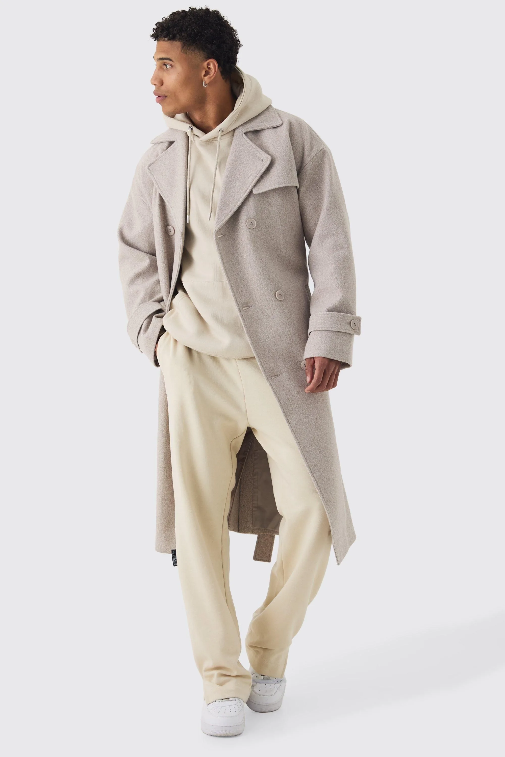 Mens Oversized Double Breasted Trench Overcoat In Stone - Beige - Size Medium - boohooMAN - FashionsVida