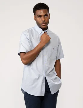 Mens Regular Fit Short Sleeve Poplin Shirt - Blue Cotton - Size Medium - Gant - FashionsVida