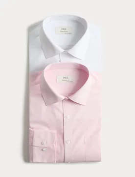 Pack Regular Fit Easy Iron Cotton Blend Shirts White Mix male - M&S - FashionsVida