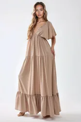 Womens Textured V-Neck A-Form Maxi Dress - Mocha - Size X-Large