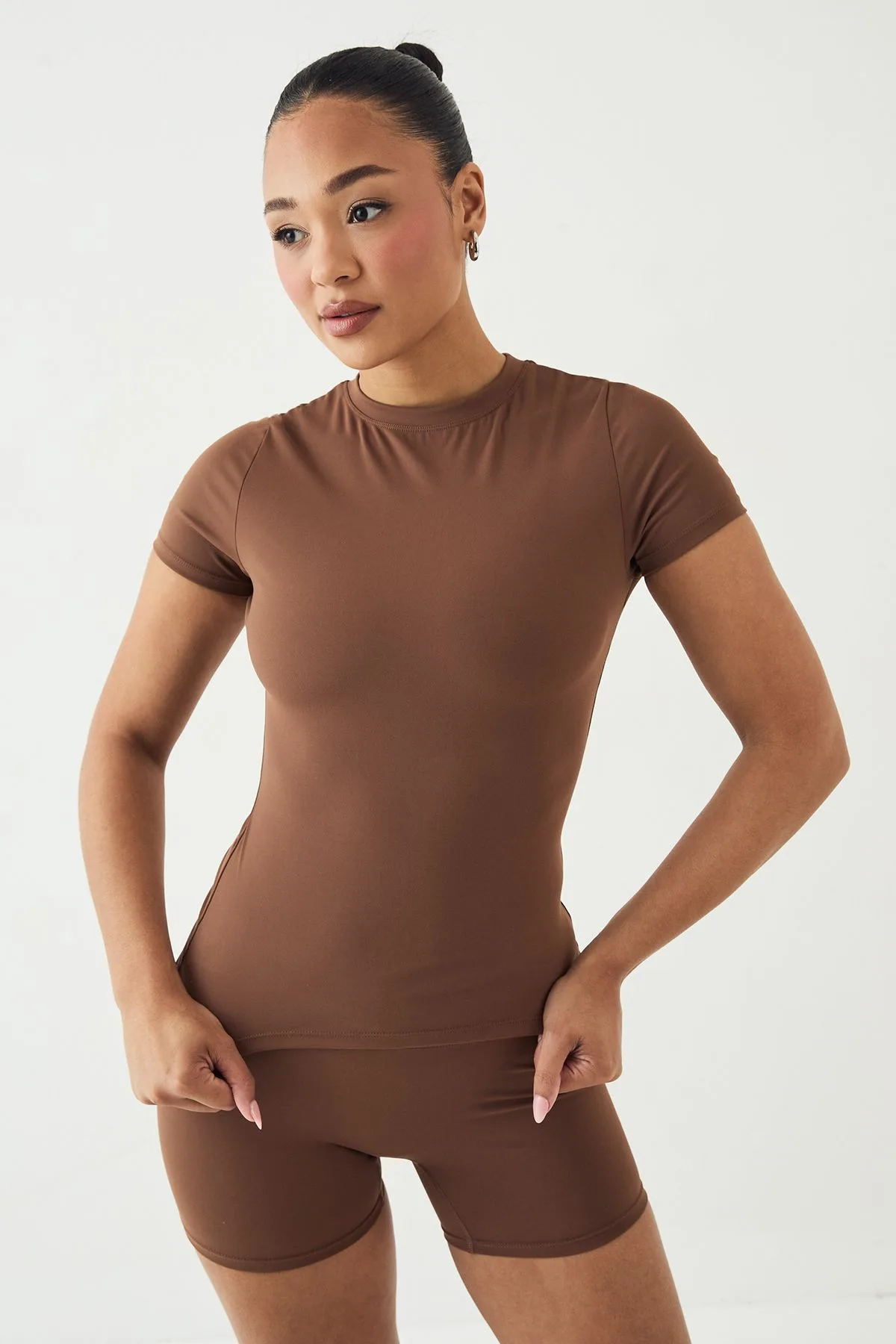 Womens Sculpt Short Sleeve Top - Mocha Polyamide - Size X-Large - DSGN Studio - FashionsVida
